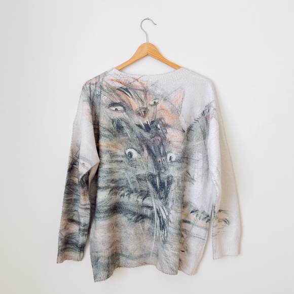 Cat Sweater All Over Print Kitty Cat Loose Pullover Sweater Large - Picture 3 of 10